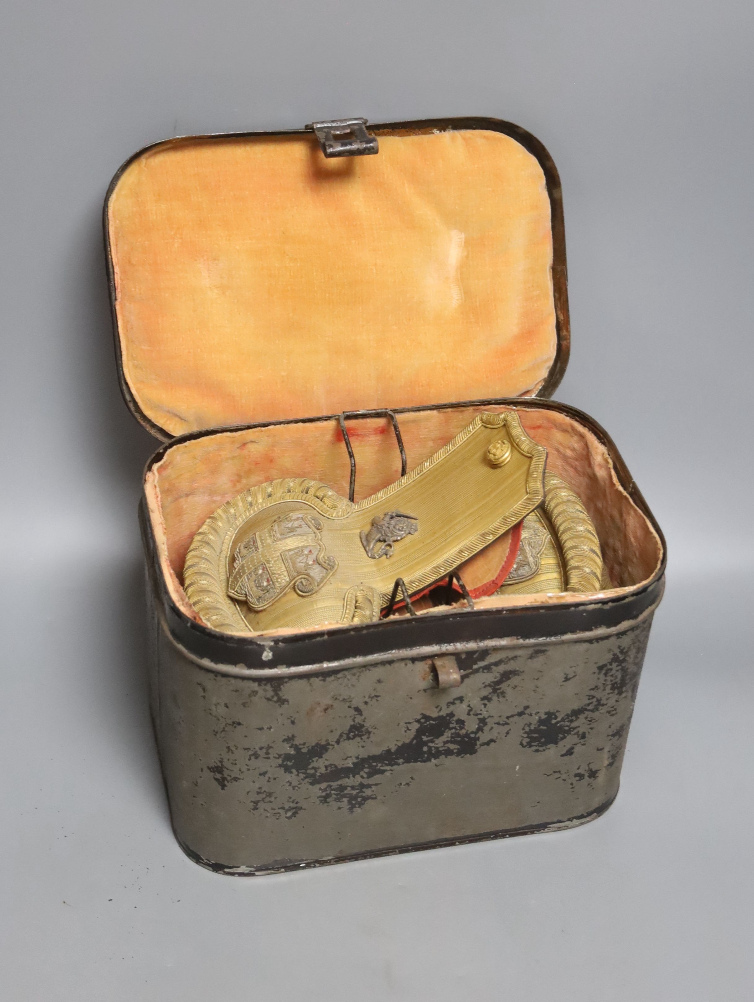 A pair of Victorian 'Elder Brother of Trinity House' bullion work epaulettes in toleware box